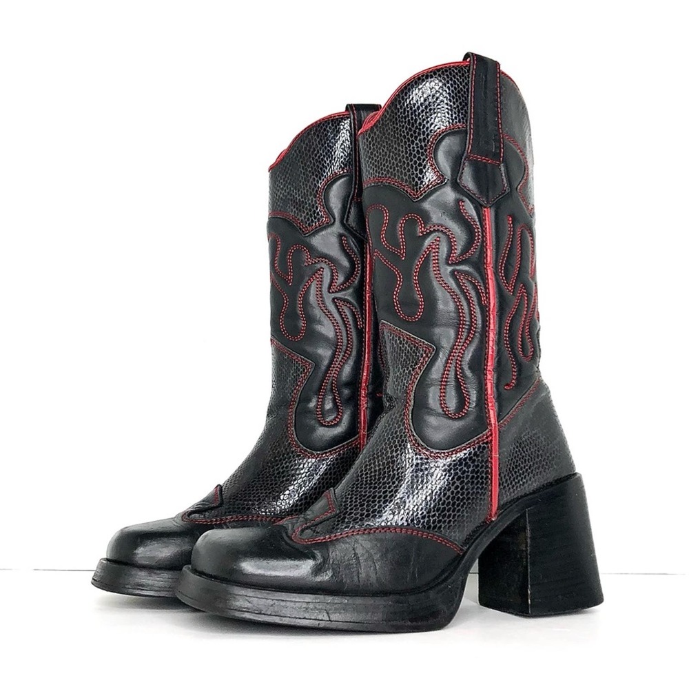 Vintage Destroy Snake Print Square Toe Cowgirl Platform Boots Women’s 40 Shoes